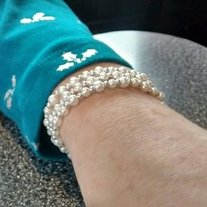 3 Faux Pearl & Silver Tone Ball Stretch Bracelets